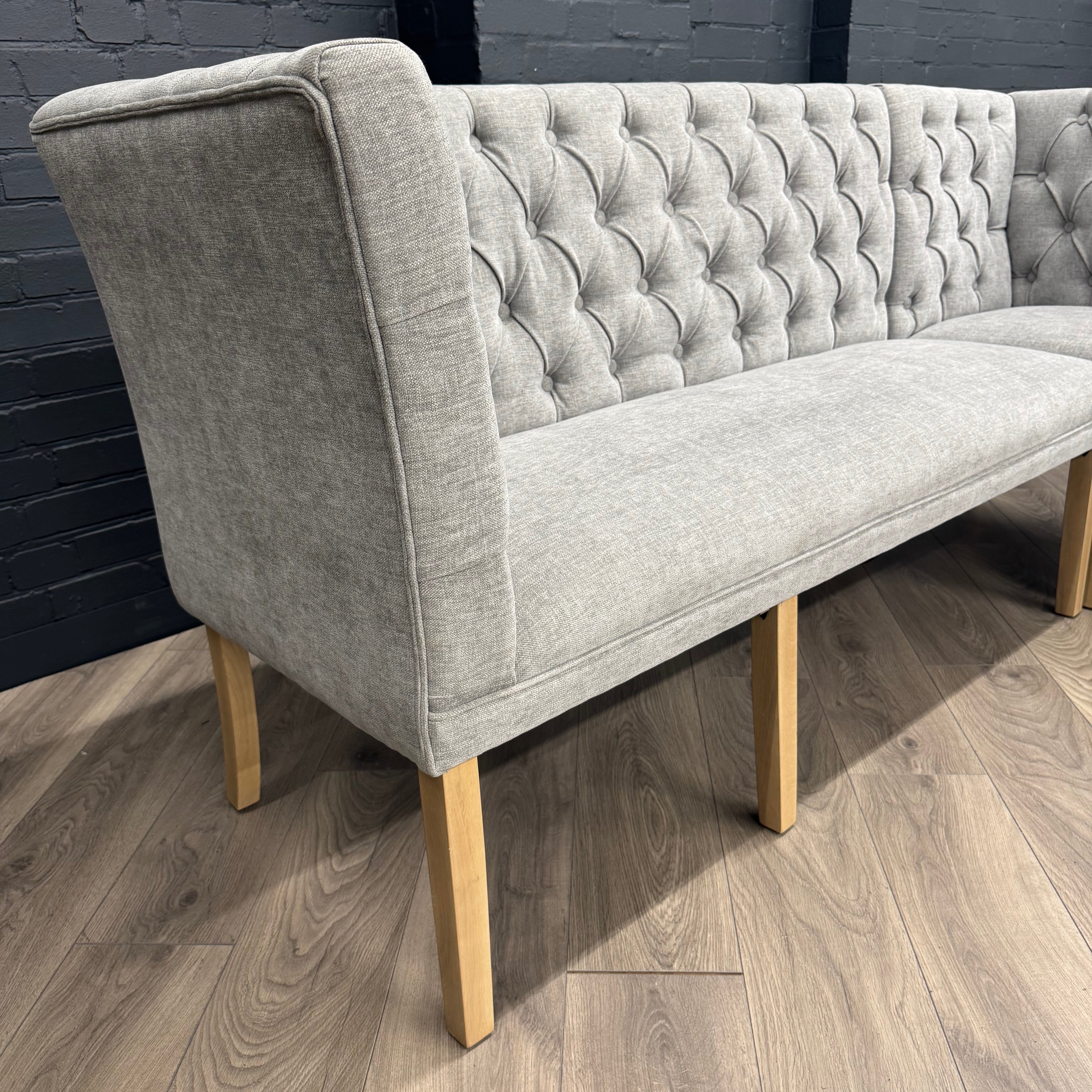 Montgomery Grey Corner Dining Bench Set with Backs, PLUS Earlham Grey Fixed Dining Table with Oak Top - Left Hand Facing