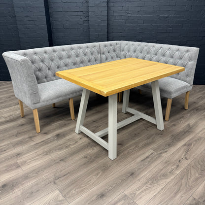 Montgomery Grey Corner Dining Bench Set with Backs, PLUS Earlham Grey Fixed Dining Table with Oak Top - Left Hand Facing
