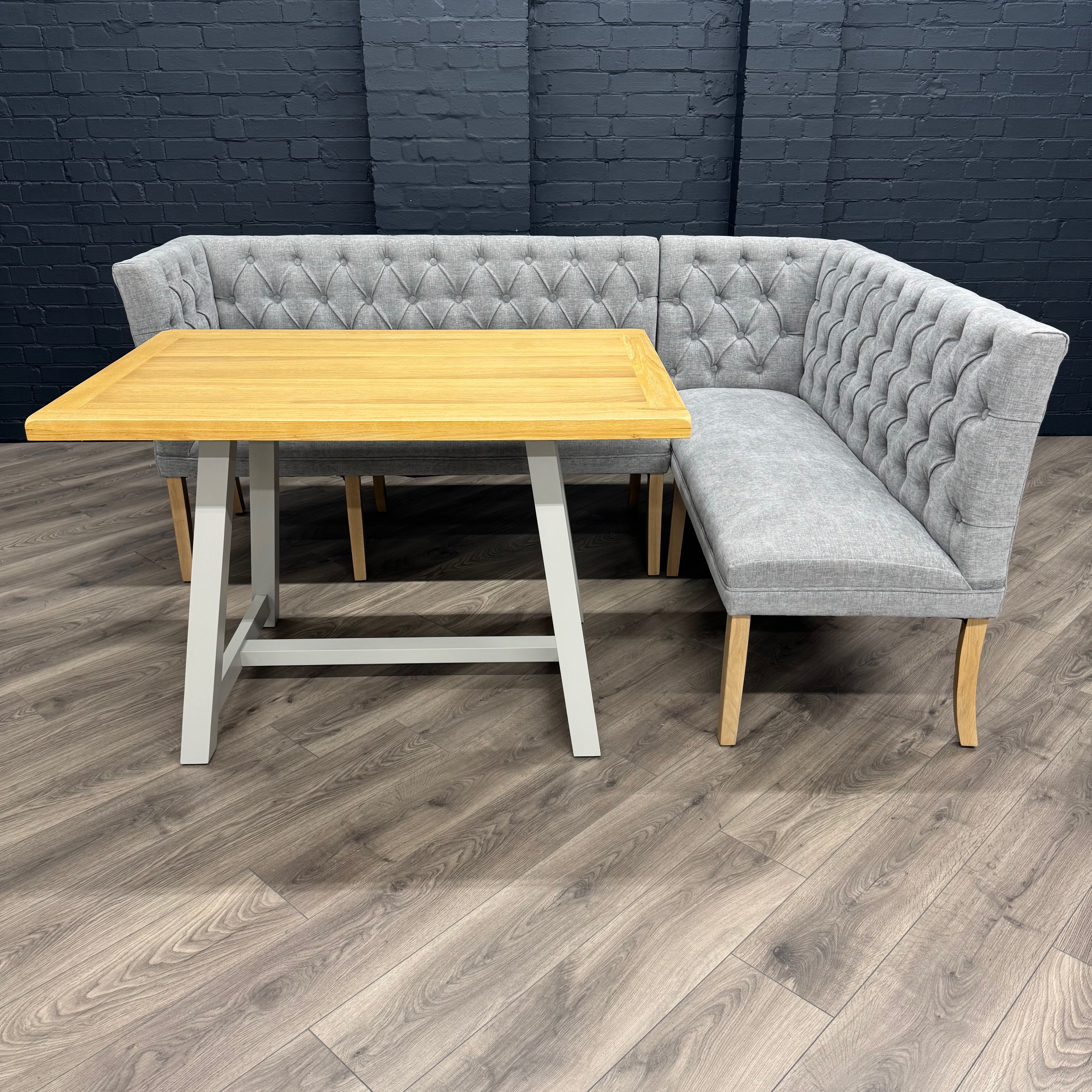 Montgomery Grey Corner Dining Bench Set with Backs, PLUS Earlham Grey Fixed Dining Table with Oak Top - Left Hand Facing