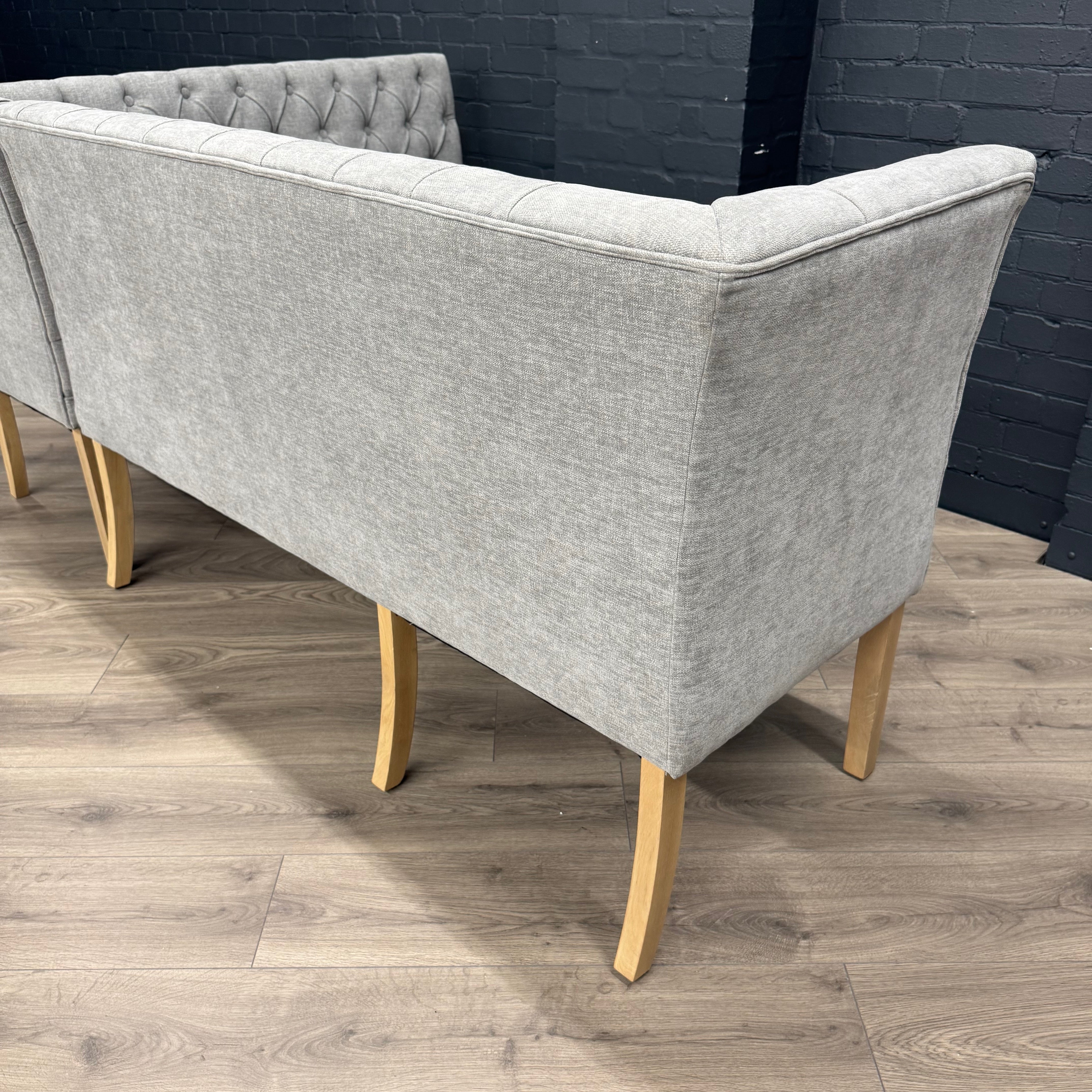 Montgomery Grey Corner Dining Bench Set with Backs, PLUS Earlham Grey Fixed Dining Table with Oak Top - Left Hand Facing