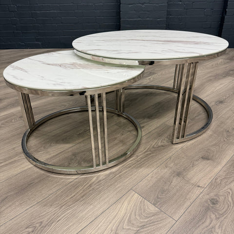 Designer Glass Marble & Chrome Round Set Of 2 Coffee Table - Showroom Clearance
