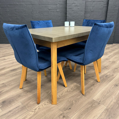 Solid Oak & Concrete - 1.2m Table, PLUS 4x Luxury Blue Chairs