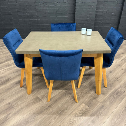 Solid Oak & Concrete - 1.2m Table, PLUS 4x Luxury Blue Chairs