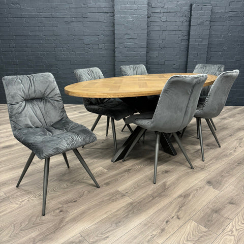 Havana Industrial Oak - 2m Oval Table, PLUS 6x Dark Grey Velvet Chairs