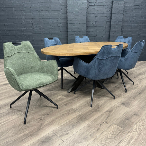 Havana Industrial Oak - 2m Oval Table, PLUS 6x Green Magnus Chairs