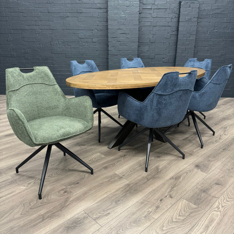 Havana Industrial Oak - 2m Oval Table PLUS 6x Green Magnus Chairs