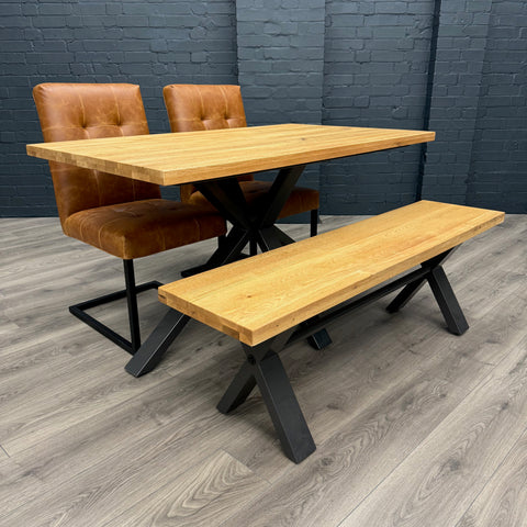Fusion Oak - Compact Dining Table, PLUS 2x Tan Carver Chairs & Small Bench