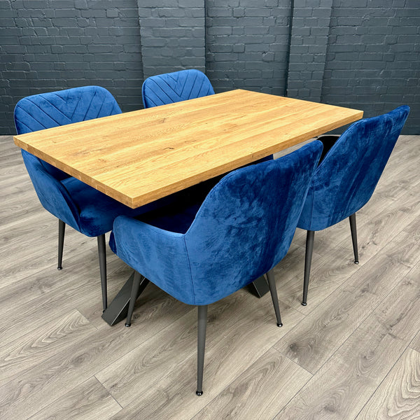 Fusion Oak - Compact Dining Table, PLUS 4x Blue Carver Chairs