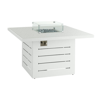 Mambo Santorini Garden Furniture - XL, Aluminium Square Dining Table With Firepit - White with Patterned Top