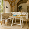 Montgomery Corner Dining Bench Set with Backs, PLUS Earlham Fixed Dining Table in White with Oak Top - Right Hand Facing
