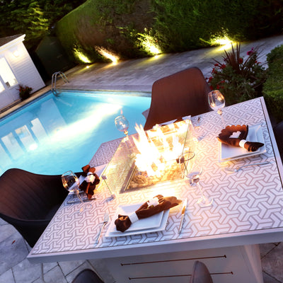 Mambo Santorini Garden Furniture - XL, Aluminium Square Dining Table With Firepit - White with Patterned Top