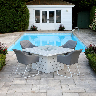Mambo Santorini Garden Furniture - XL, Aluminium Square Dining Table With Firepit - White with Patterned Top