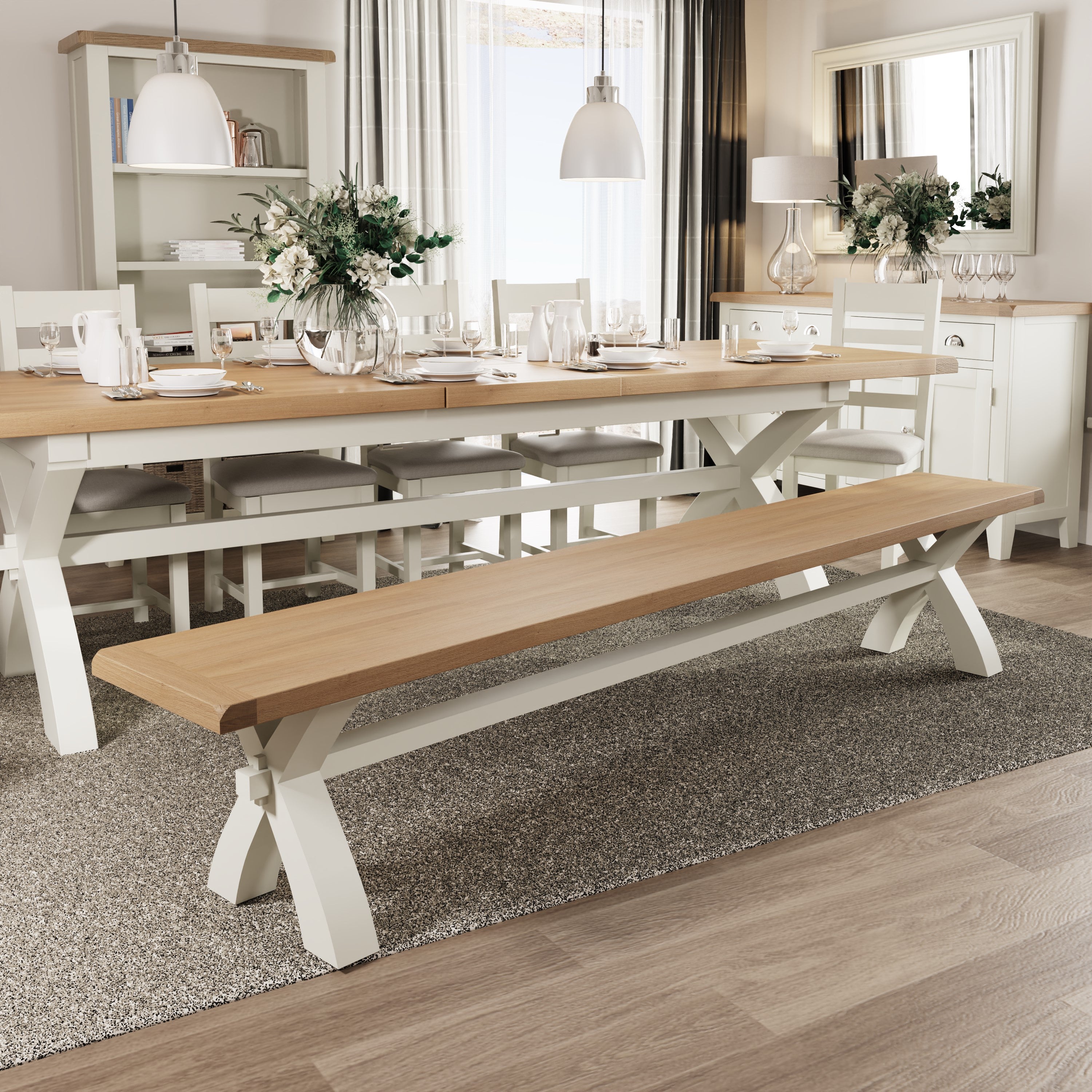 Cotswold White Painted & Oak Dining Bench - Large