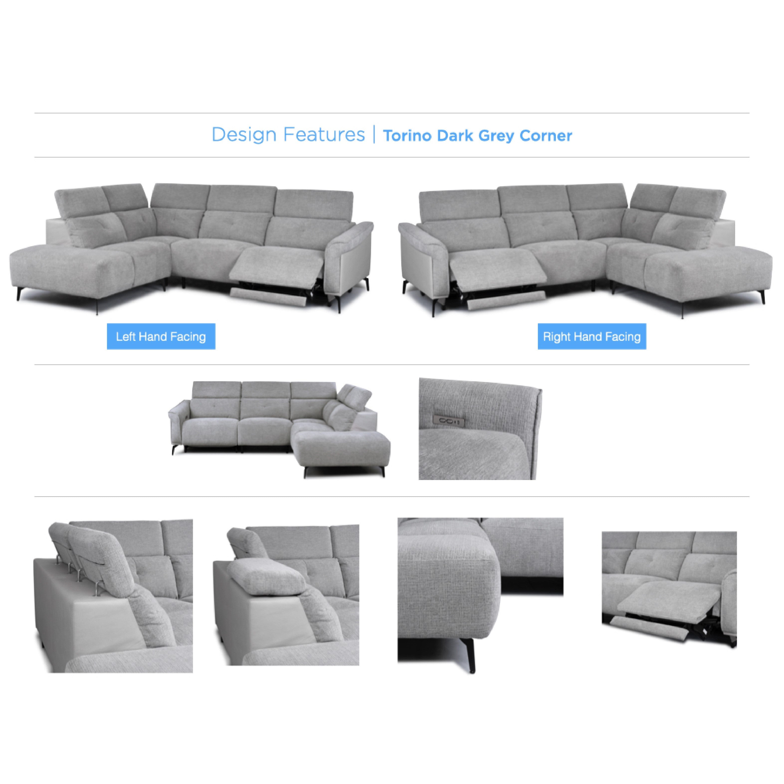 Torino Sofa - Electric Left Hand Facing Corner - Dark Grey