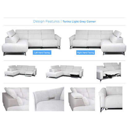 Torino Sofa - Electric Right Hand Facing Corner - Light Grey