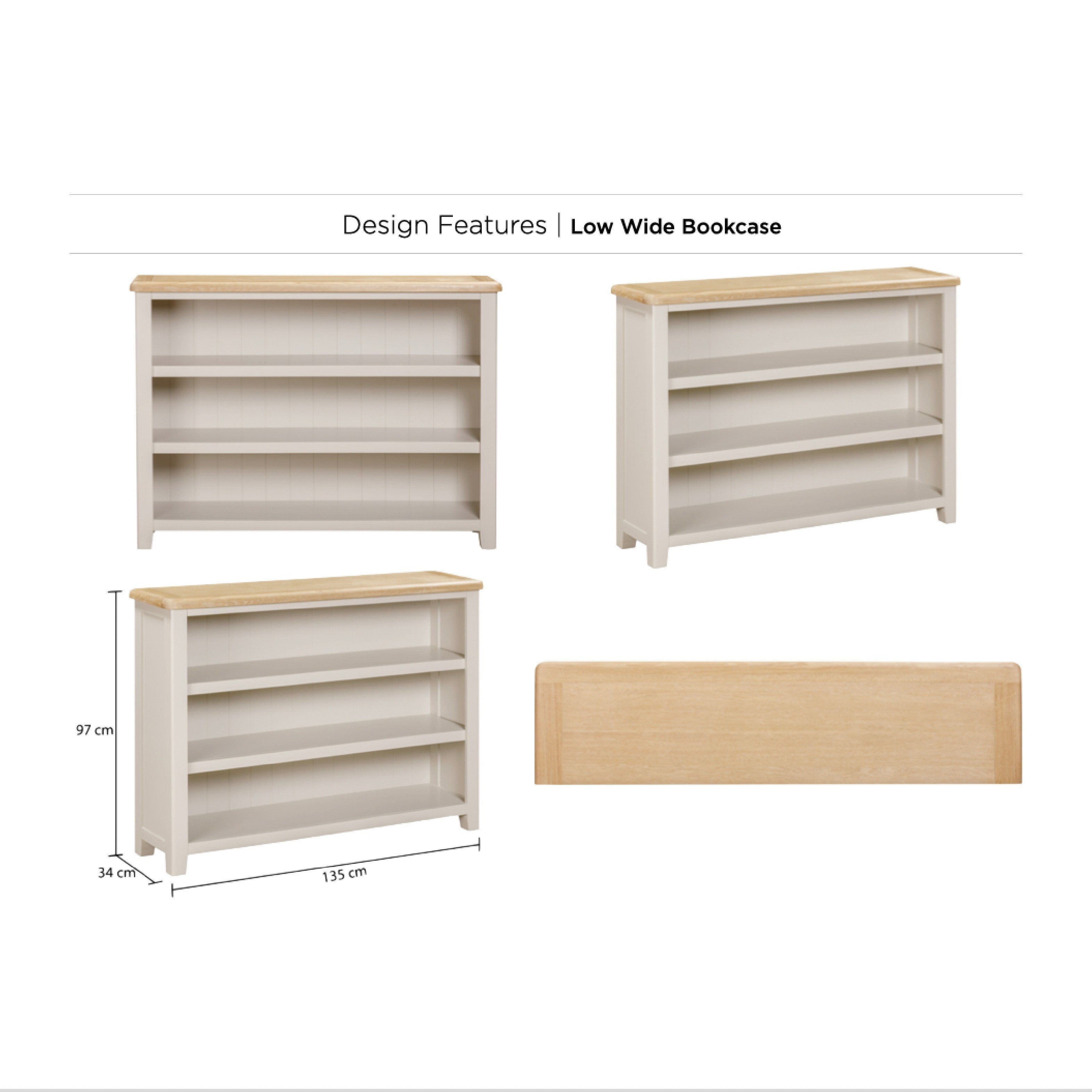 Windermere Oyster Grey Painted & Oak Bookcase - Low Wide