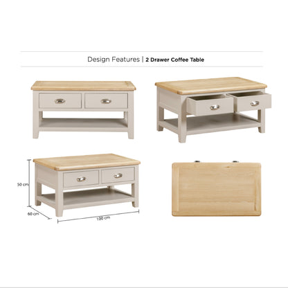 Windermere Oyster Grey Painted & Oak Coffee Table - 2 Drawer