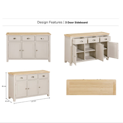 Windermere Oyster Grey Painted & Oak Sideboard - 3 Door