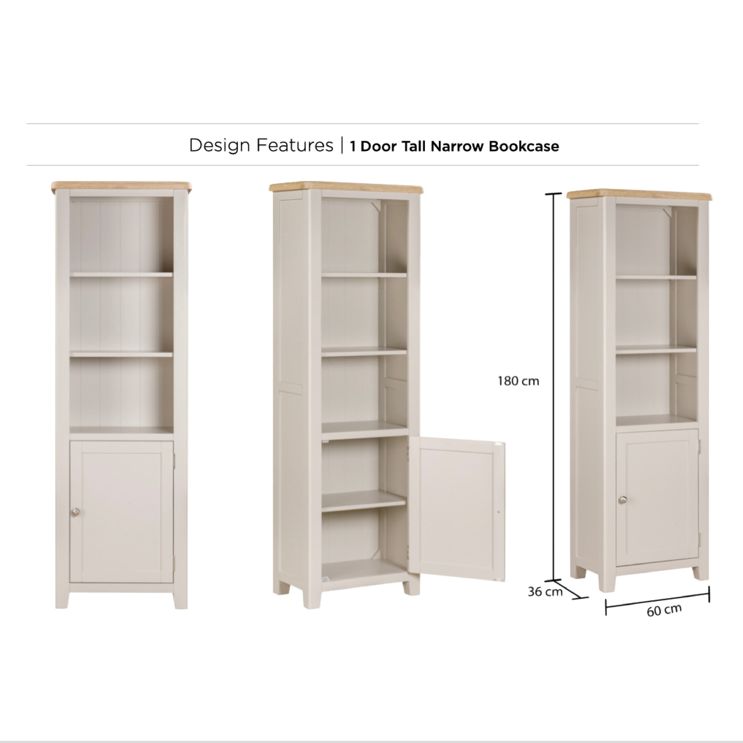 Windermere Oyster Grey Painted & Oak Bookcase - 1 Door Tall Narrow