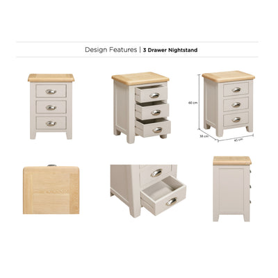 Windermere Oyster Grey Painted & Oak Bedside Cabinet - 3 Drawer