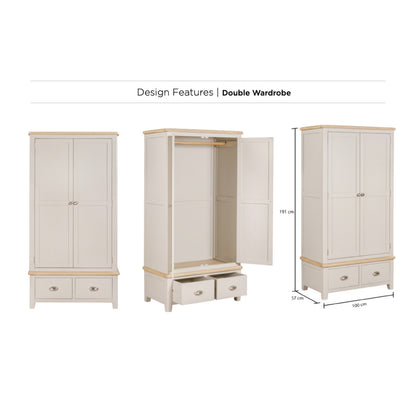 Windermere Oyster Grey Painted & Oak Wardrobe - Double with 2 Drawers