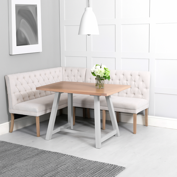 Montgomery Corner Dining Bench Set with Backs, PLUS Earlham Fixed Dining Table in Grey with Oak Top - Right Hand Facing