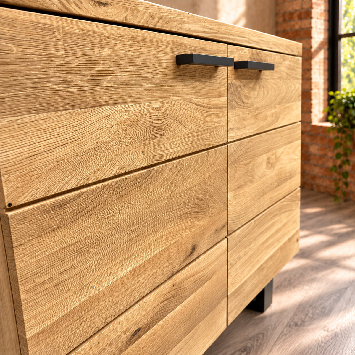 Detail of the rustic oak grain and horizontal grooves across the Fusion Oak sideboard doors.