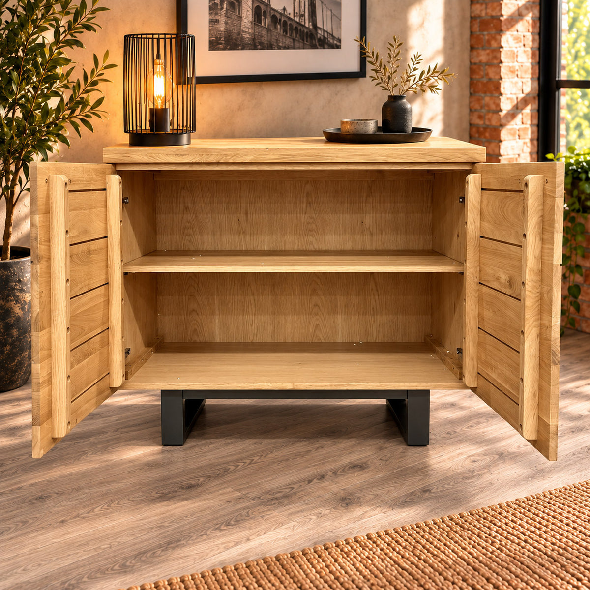 Fusion Oak 2 Door Sideboard with both doors open, revealing one full-width internal shelf and two storage levels.