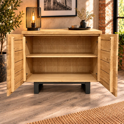 Fusion Oak 2 Door Sideboard with both doors open, revealing one full-width internal shelf and two storage levels.