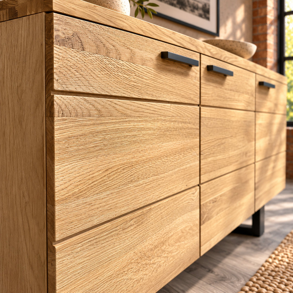 Close-up of the Fusion sideboard's oak door fronts, showing the grain and shallow horizontal grooves.