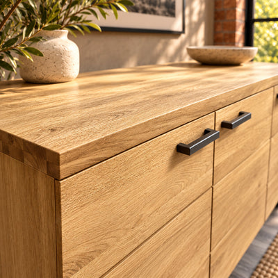 Angled close-up of the Fusion sideboard's oak top corner, textured surface and slim straight edge.
