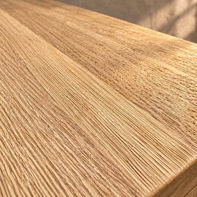Close-up of the Fusion sideboard's sandblasted oak top, showing the fine raised grain and shallow texture.
