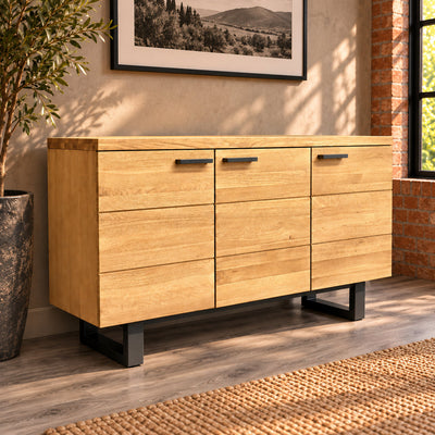 Fusion oak three-door sideboard with its top clear, showing the oak finish and metal loop legs.
