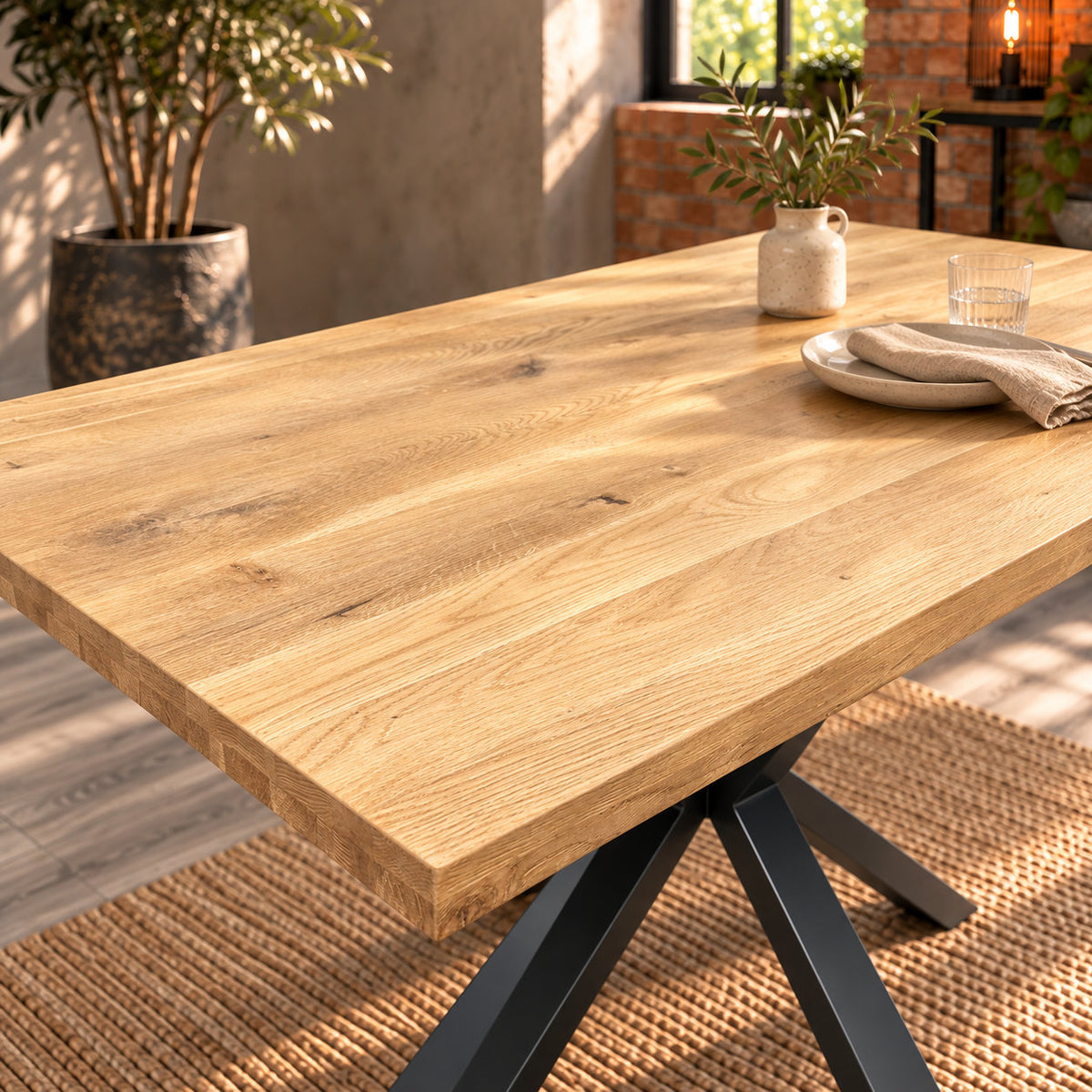 Sandblasted oak surface of the Fusion compact dining table styled with a cream plate, linen napkin, glass and vase.