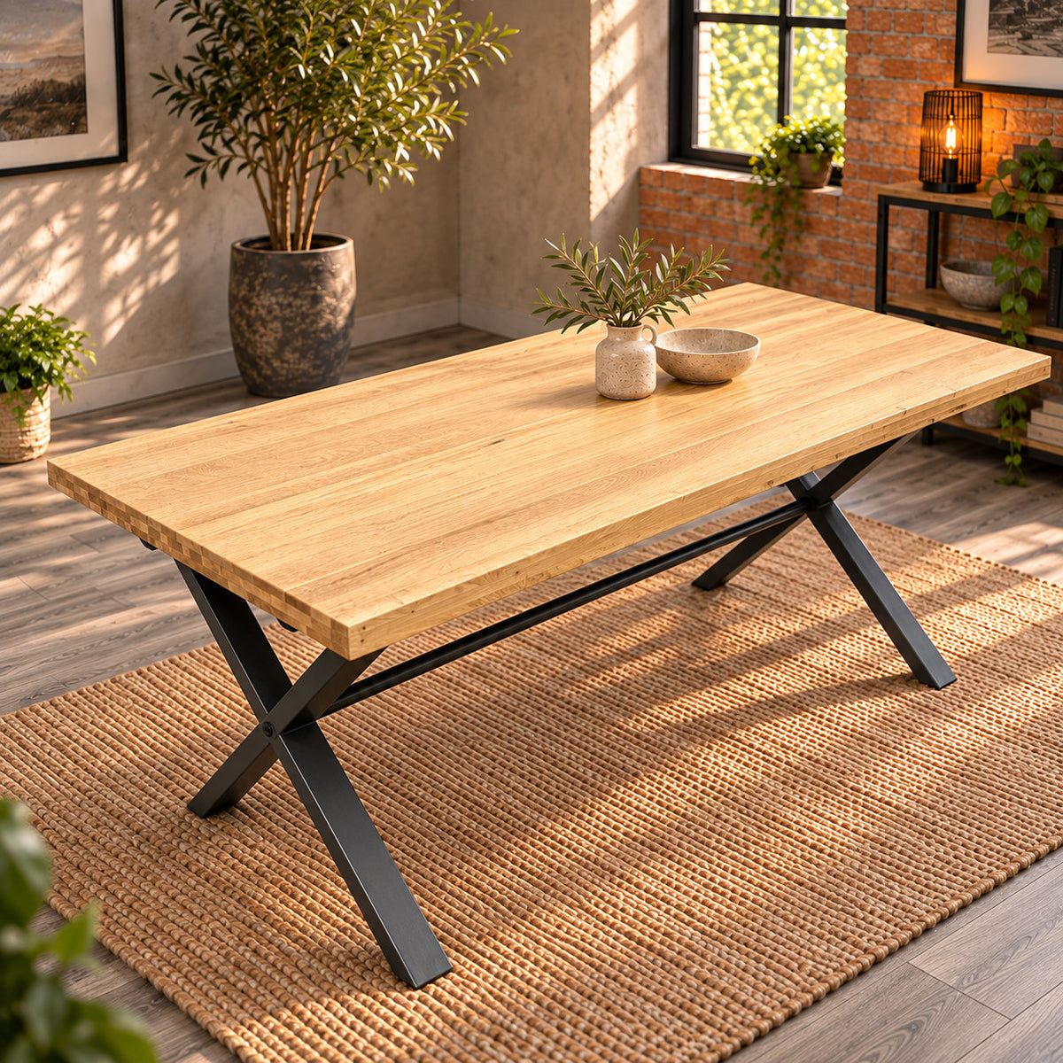 Elevated view of the Fusion oak large dining table showing its long rectangular oak top and dark metal cross legs.