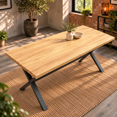 High-angle view of the Fusion oak large dining table with a long sandblasted oak top styled with a vase and bowl.