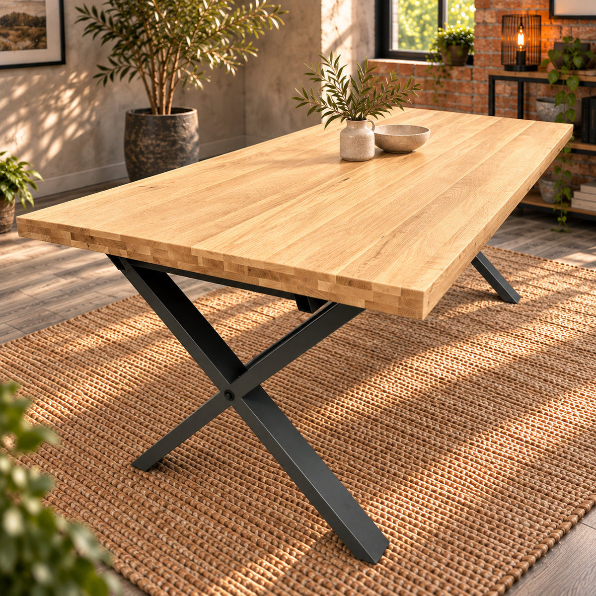 Fusion oak large dining table viewed from one end, with the sandblasted oak top above a charcoal cross-leg base.