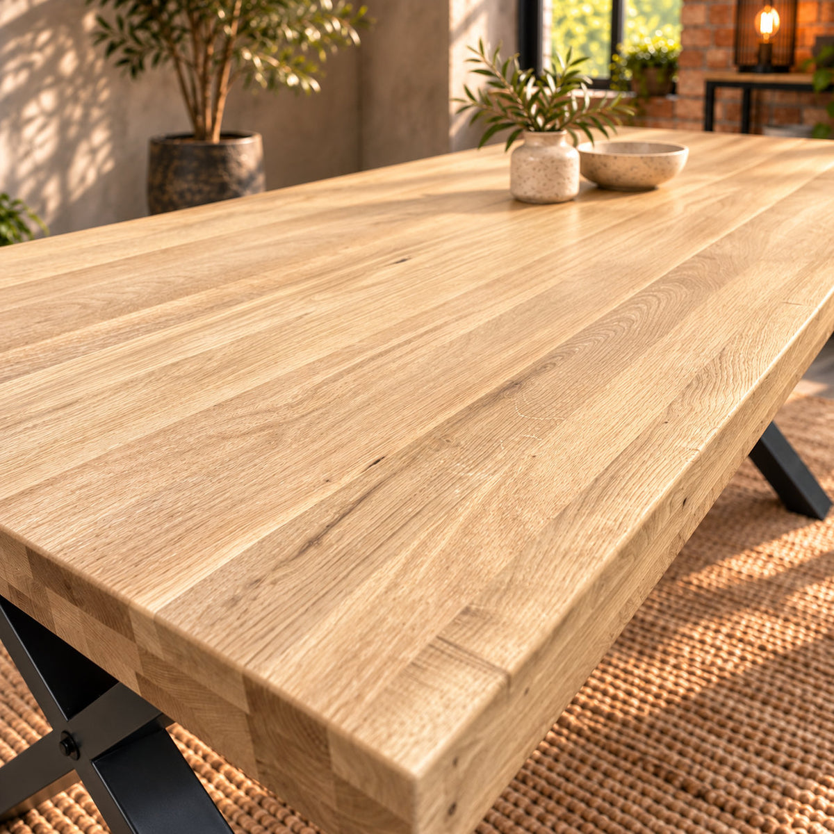 Close-up of the Fusion large dining table’s sandblasted oak surface, showing subtle raised grain and natural texture.