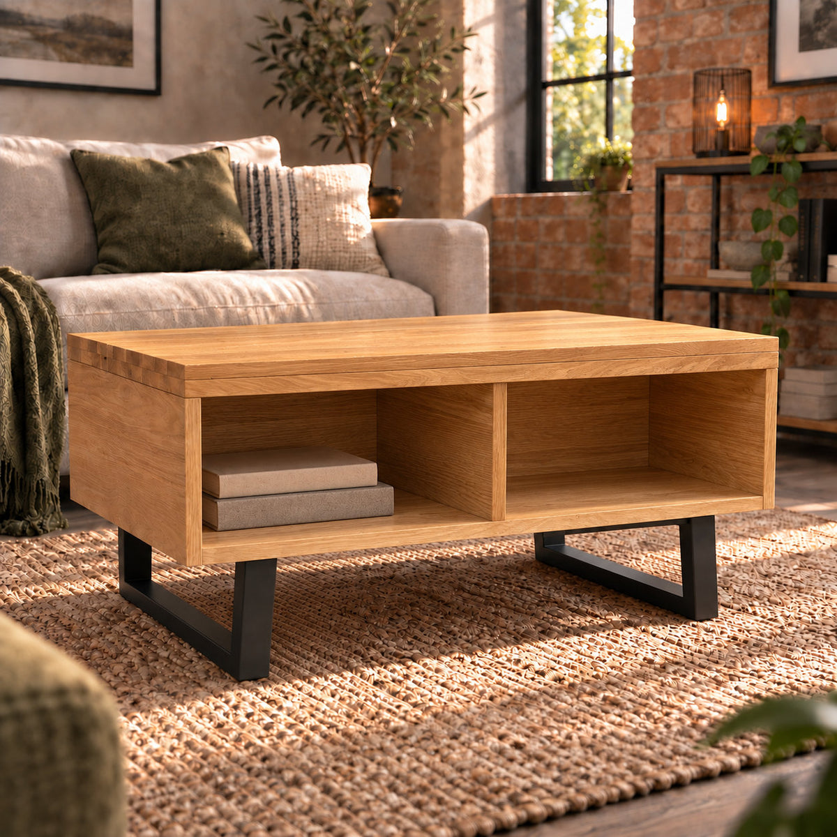 Fusion oak coffee table with books in one rear cubby and the second cubby empty.