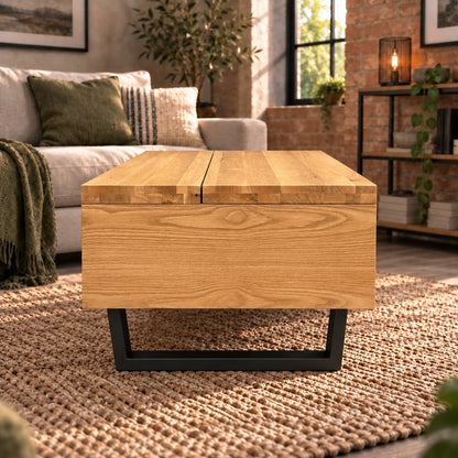 End view of the Fusion oak coffee table showing the split tabletop and black metal loop base.