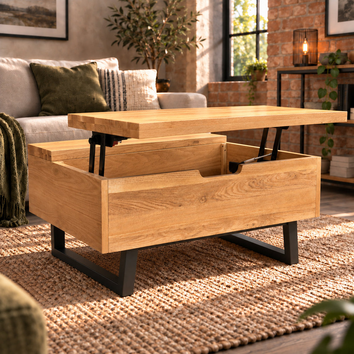 Fusion oak coffee table with its laptop surface raised above the storage compartment. Product Code: FSLSCT from https://www.oakoutlet.co.uk/collections/fusion-oak-dining-furniture/products/fusion-oak-laptop-storage-coffee-table