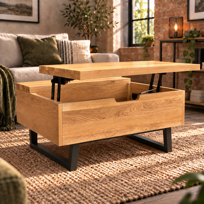 Fusion oak coffee table with its laptop surface raised above the storage compartment. Product Code: FSLSCT from https://www.oakoutlet.co.uk/collections/fusion-oak-dining-furniture/products/fusion-oak-laptop-storage-coffee-table