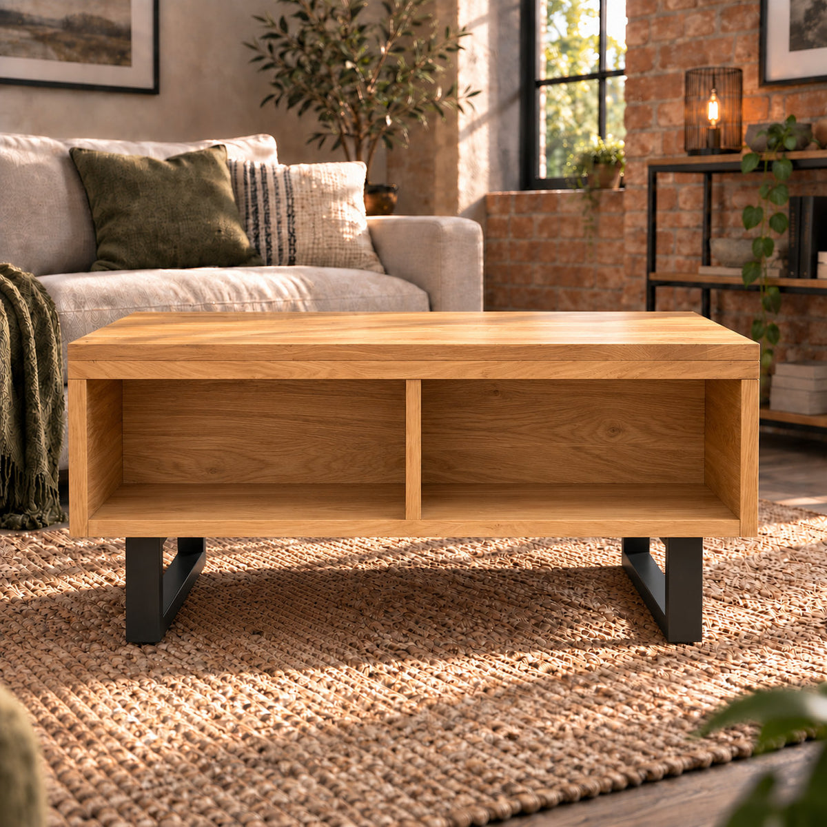 Rear view of the Fusion oak coffee table with its top closed and two open storage cubbies.