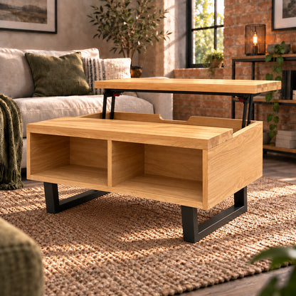 Rear angled view of the Fusion oak coffee table showing two cubbies and the raised laptop surface.