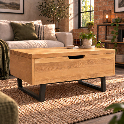Fusion oak lift-top coffee table with black metal legs in a modern industrial living room. Product Code: FSLSCT from https://www.oakoutlet.co.uk/collections/fusion-oak-dining-furniture/products/fusion-oak-laptop-storage-coffee-table