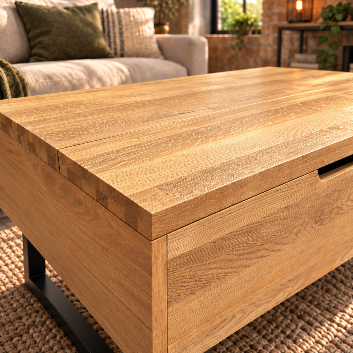 Close-up of the sandblasted oak grain and solid oak top edge on the Fusion coffee table.