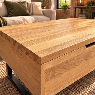 Close-up of the sandblasted oak grain and solid oak top edge on the Fusion coffee table.