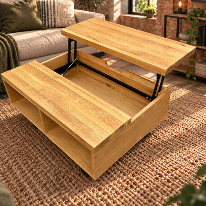 Close-up inside the Fusion oak coffee table showing the storage compartment and metal lift mechanism.