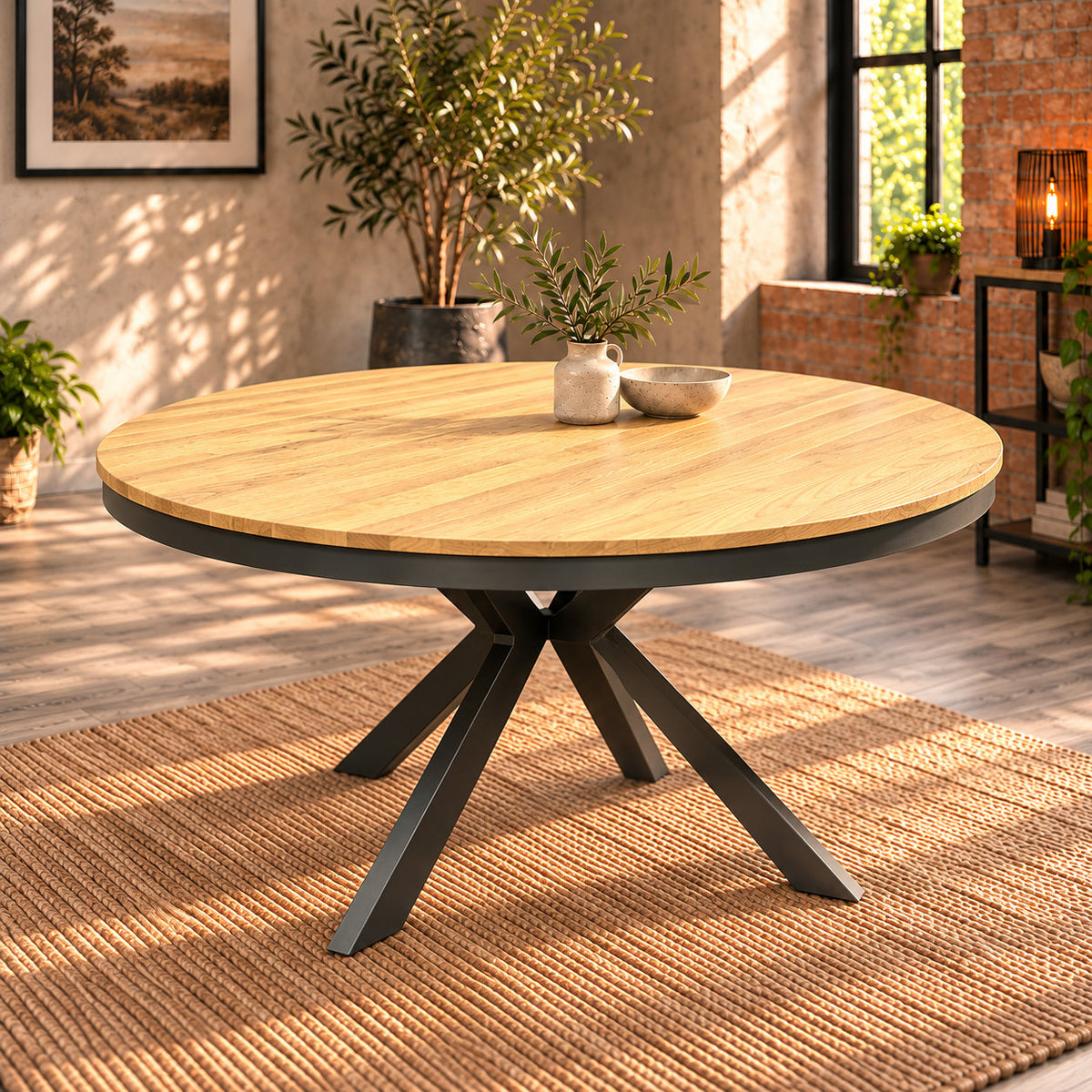 Fusion round oak dining table with a charcoal metal rim and angular central base in a warm industrial room.
