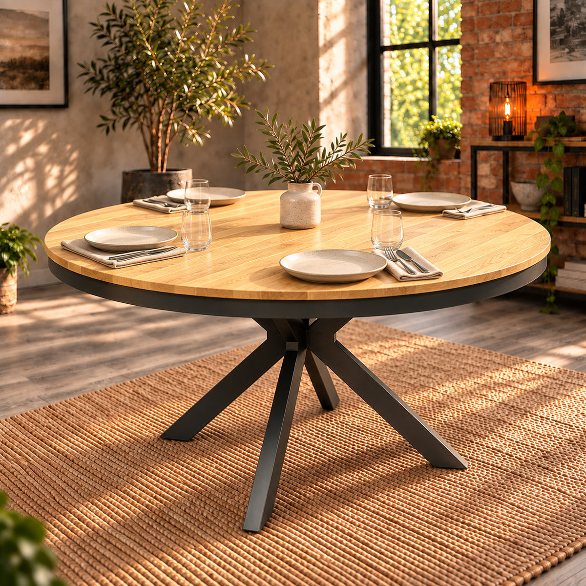 Fusion round oak dining table styled with four stoneware place settings in an industrial dining room.
